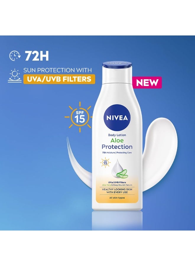 نيفيا لوشن الجسم نيفيا ألو بروتكشن 200 مل | مع حمض الهيالورونيك وترطيب يدوم 72 ساعة | عامل حماية من الشمس 15 | مستخلصات الصبار | سيروم ترطيب عميق | للرجال والنساء | لجميع أنواع البشرة - Image 2